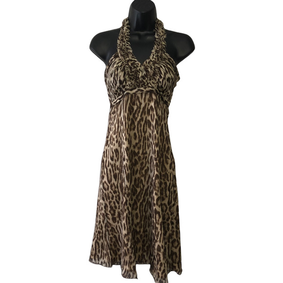 Valentino Animal Print Halter Neck Sz 4 Silk Mid Length Dress Brown - Picture 1 of 7